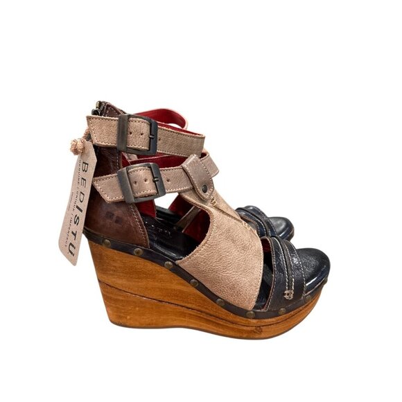 BedStu Leather Strappy Wooden Wedge Sandals With Buckle & Zip Closure 8 1/2 NWT - Picture 4 of 9